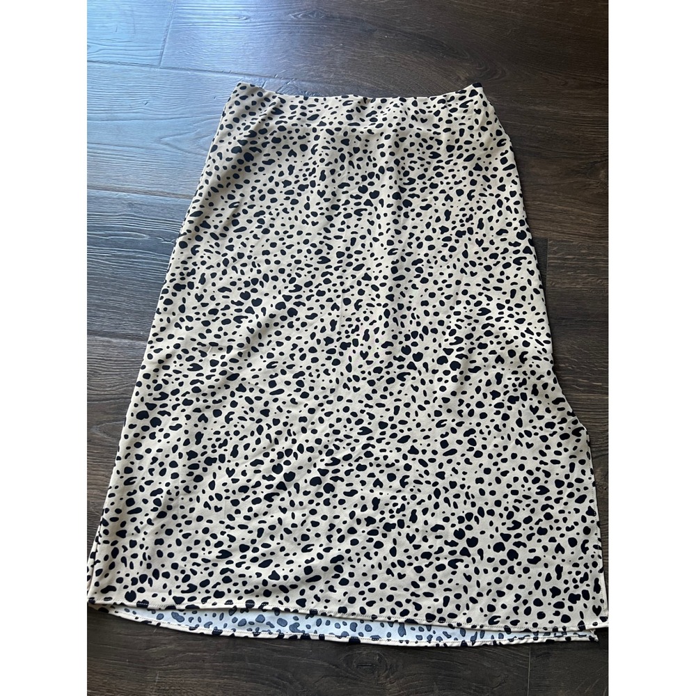 La Miel Womens Small‎ Animal Print Midi Skirt Black Tan Dalmatian Spot Elastic